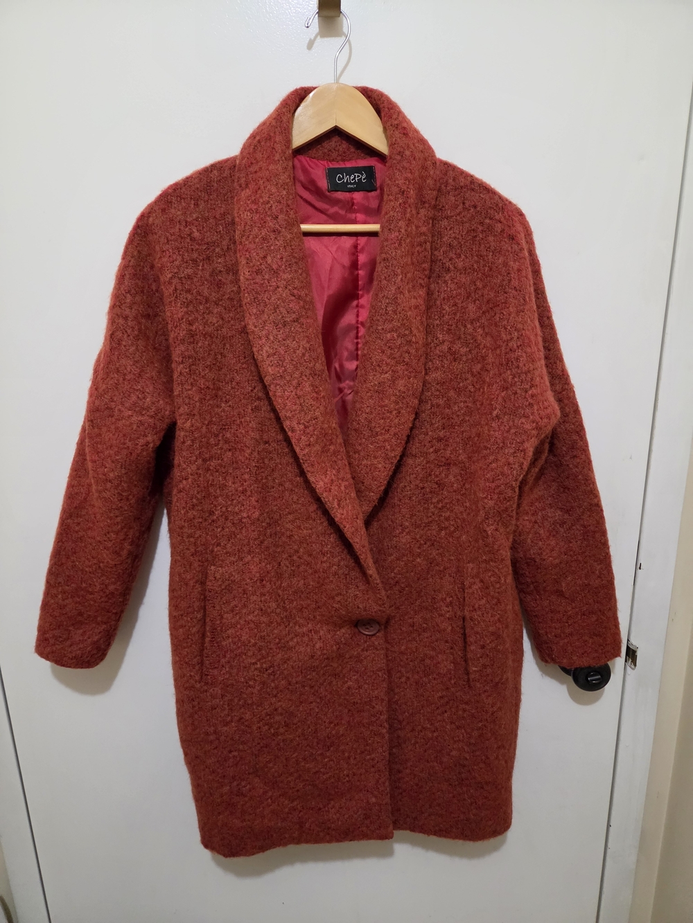 Reddish Orange Bouclé Cocoon Style Coat with Shawl Collar - Size Small
